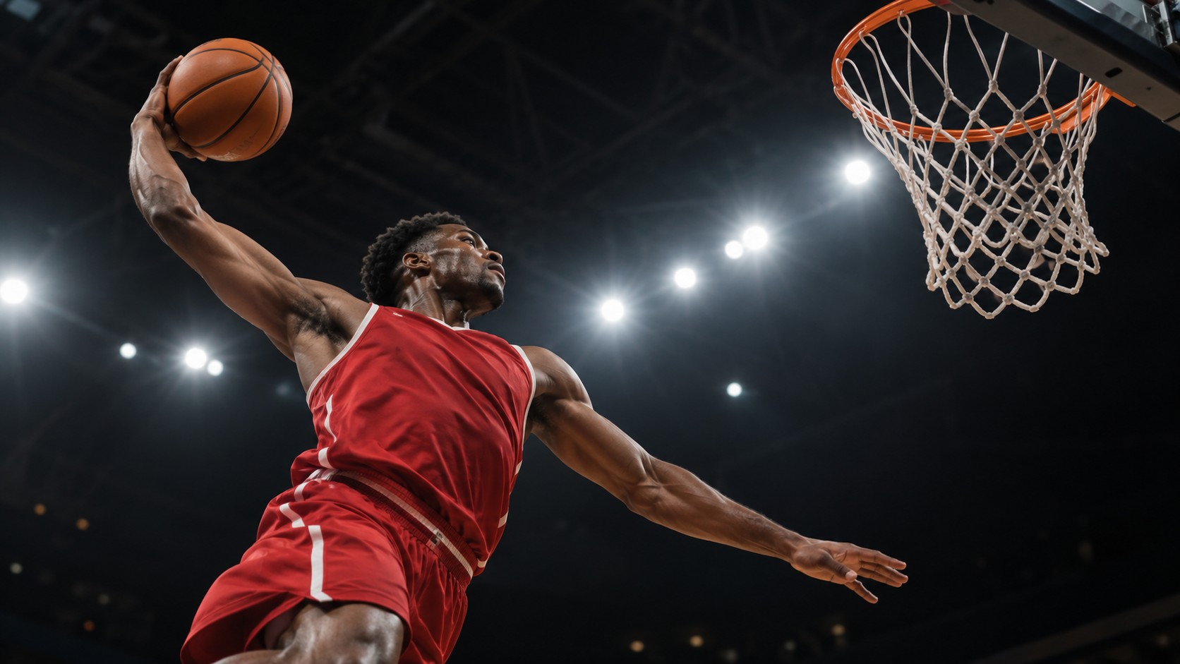 Illustration of a basketball player rising toward the basket