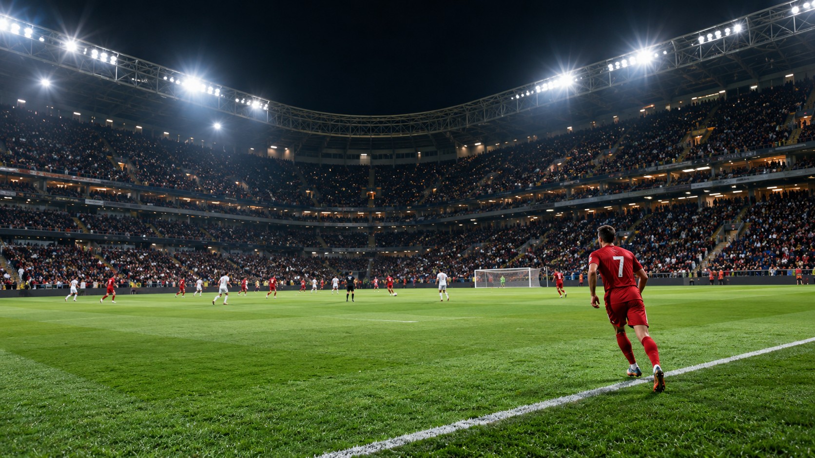 Illustration of a football match in a floodlit stadium